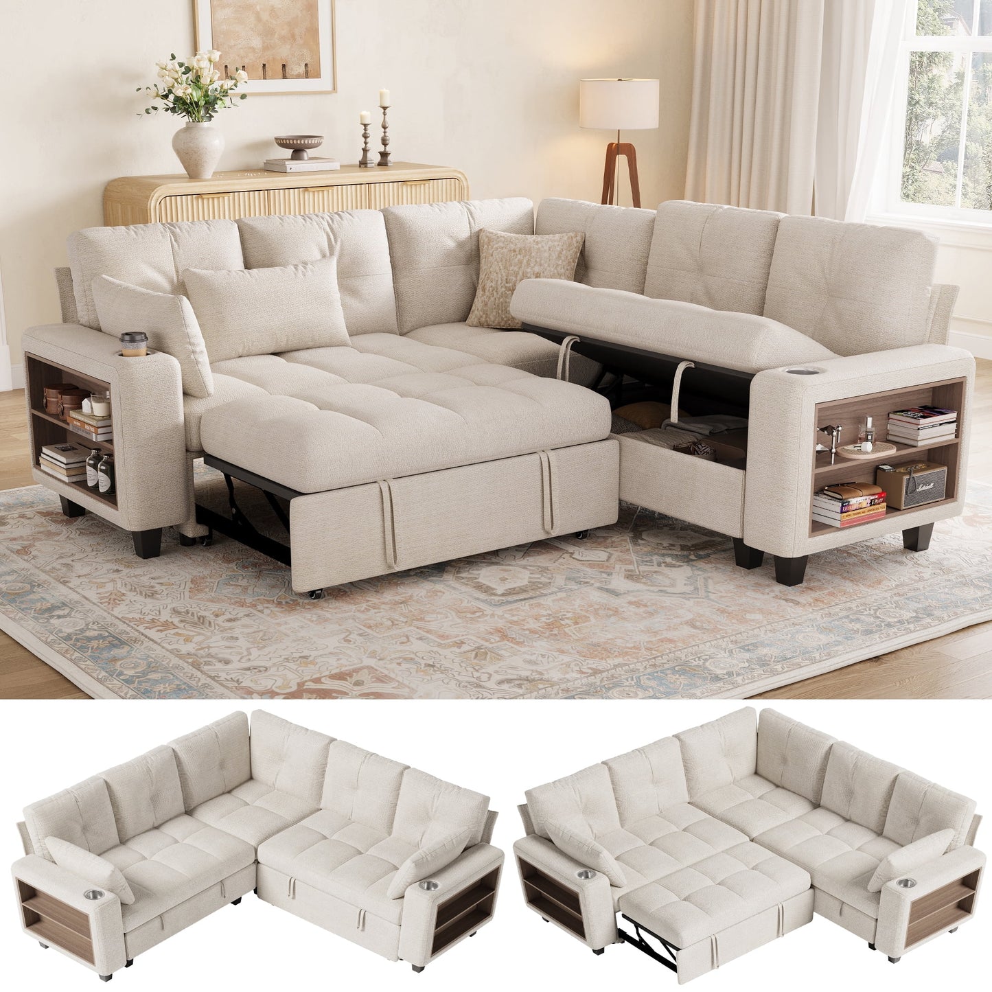 LINSY HOME 83in Modular Sectional Sofa with Pull Out Bed, Multi-functional Armrest & Storage Chaise, 5-Seat Pull Out Couch with Shelves, USB Ports & Cup Holders, Chenille Beige