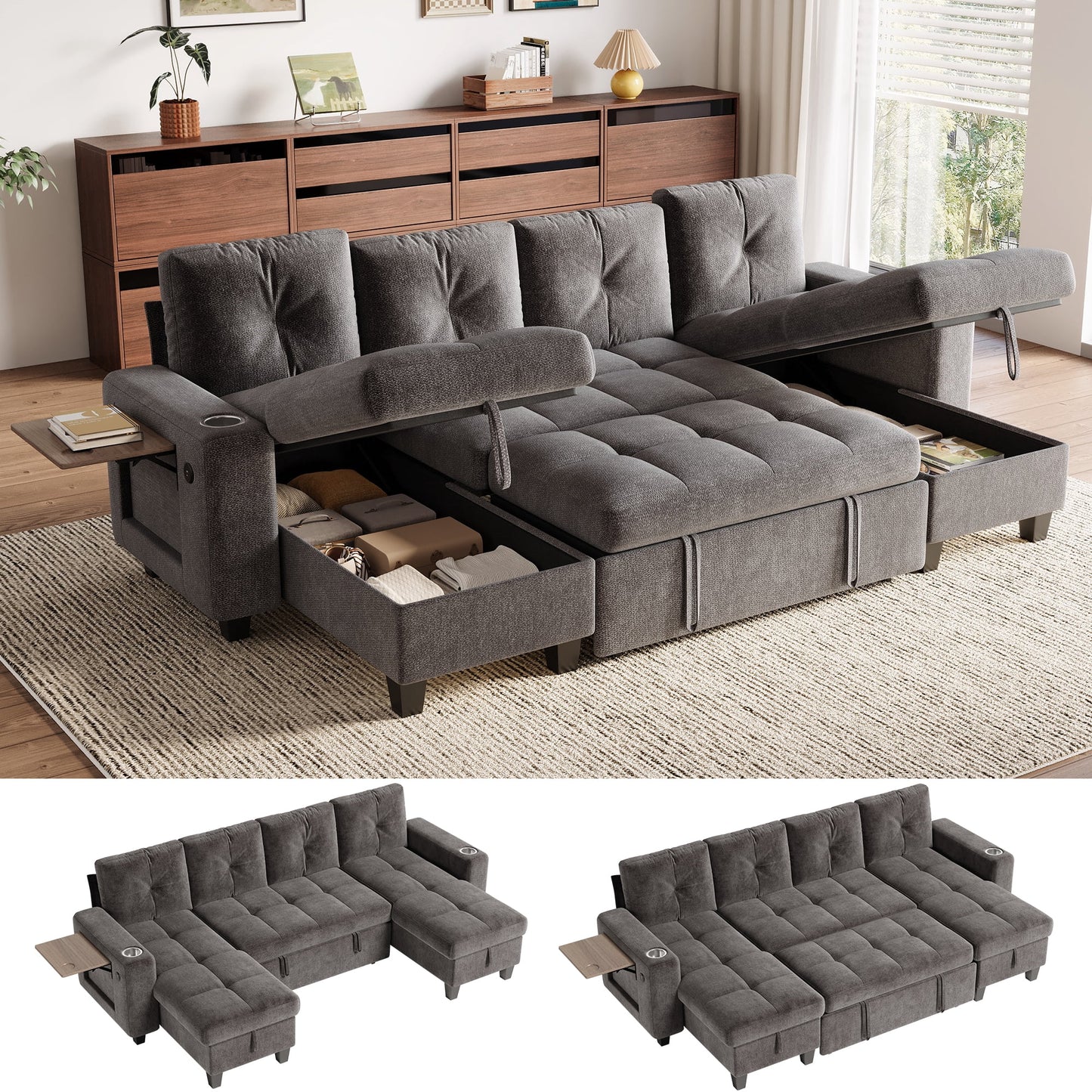 LINSY HOME 109in Modular Sectional Sofa with Pull Out Bed, Foldable Side Table & Storage Chaise, 4-Seat U Shape Couch with USB Charging for Living Room, Chenille Gray