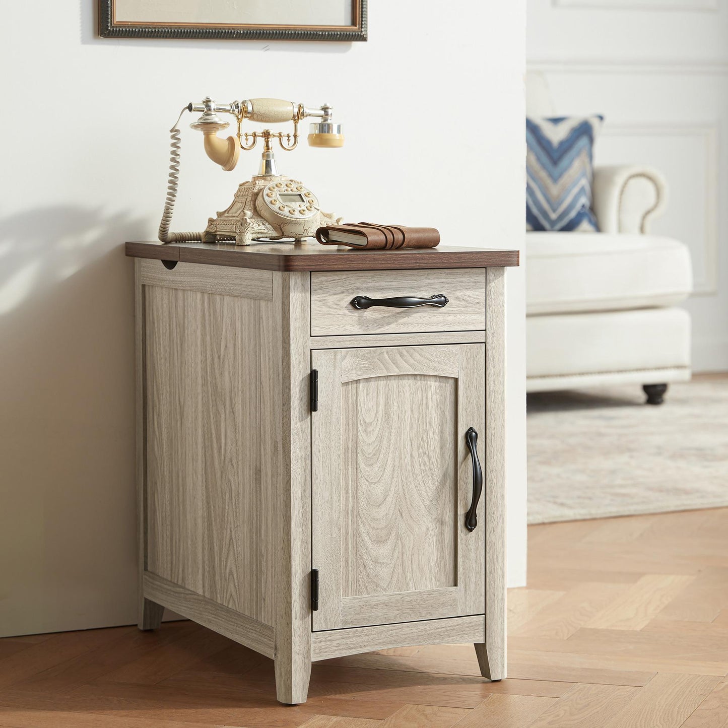 Wood End Table Nightstand with Charging Station