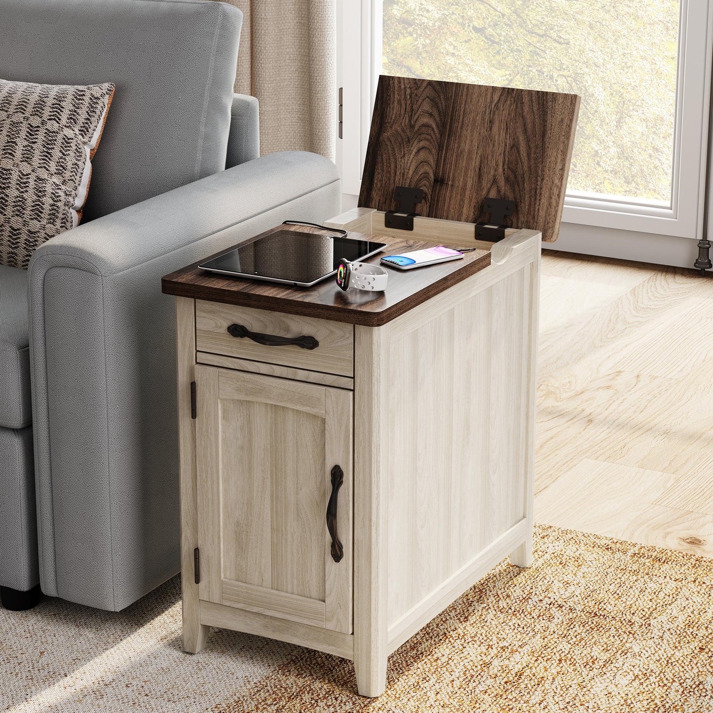Wood End Table Nightstand with Charging Station