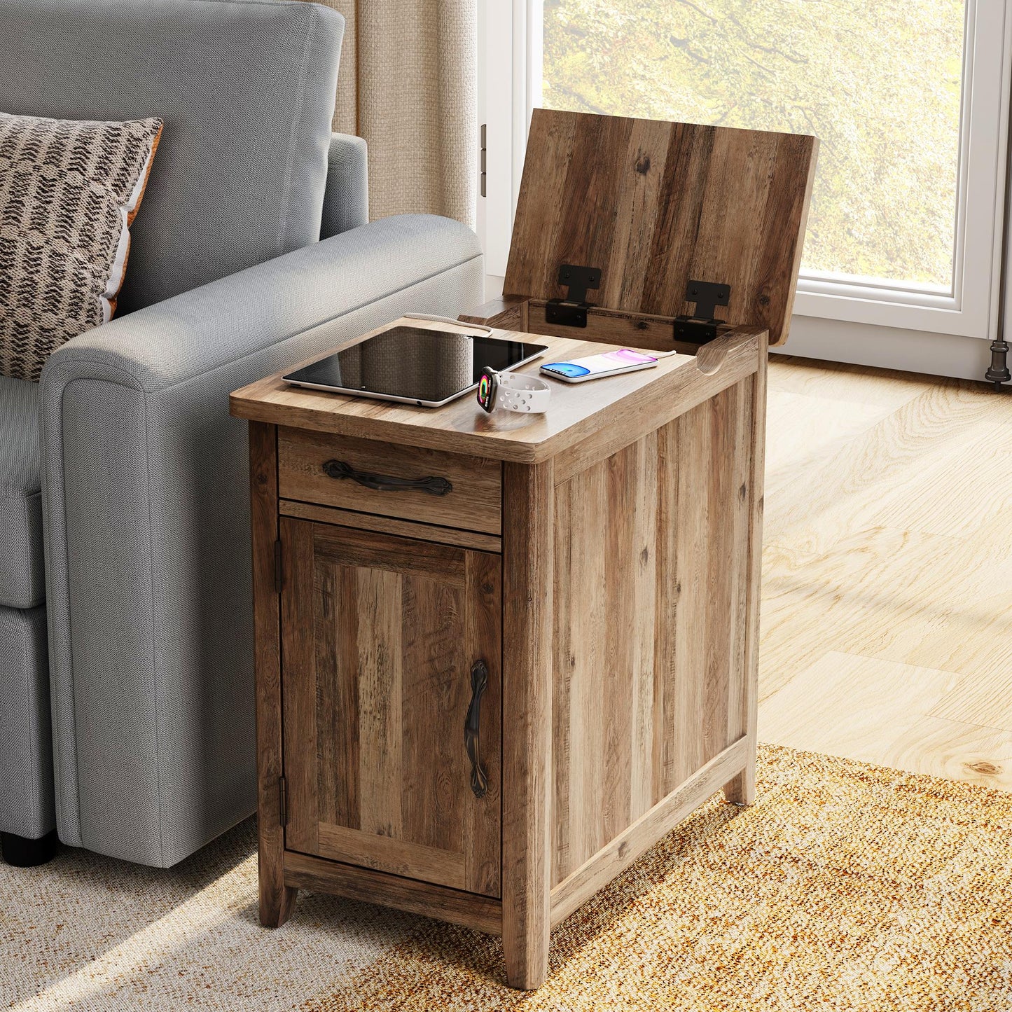 Wood End Table Nightstand with Charging Station
