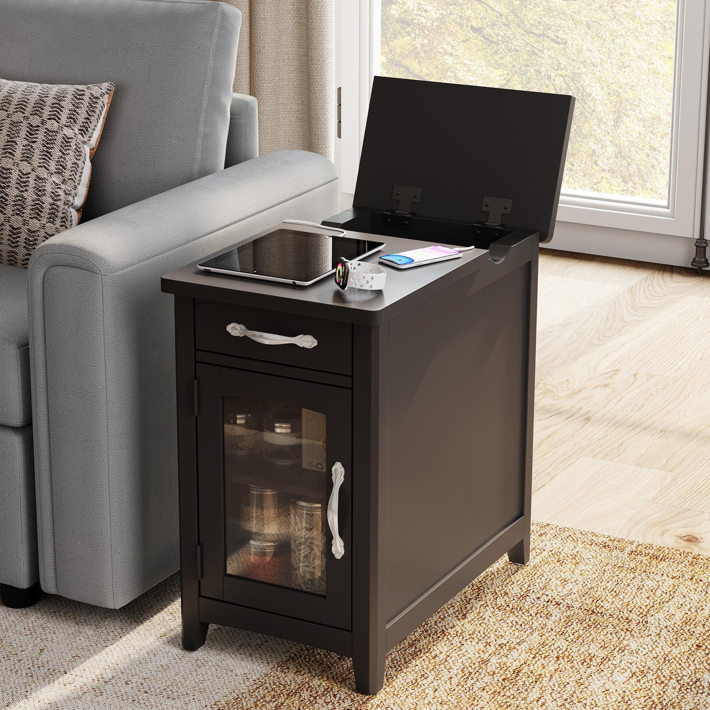 Wood End Table Nightstand with Charging Station