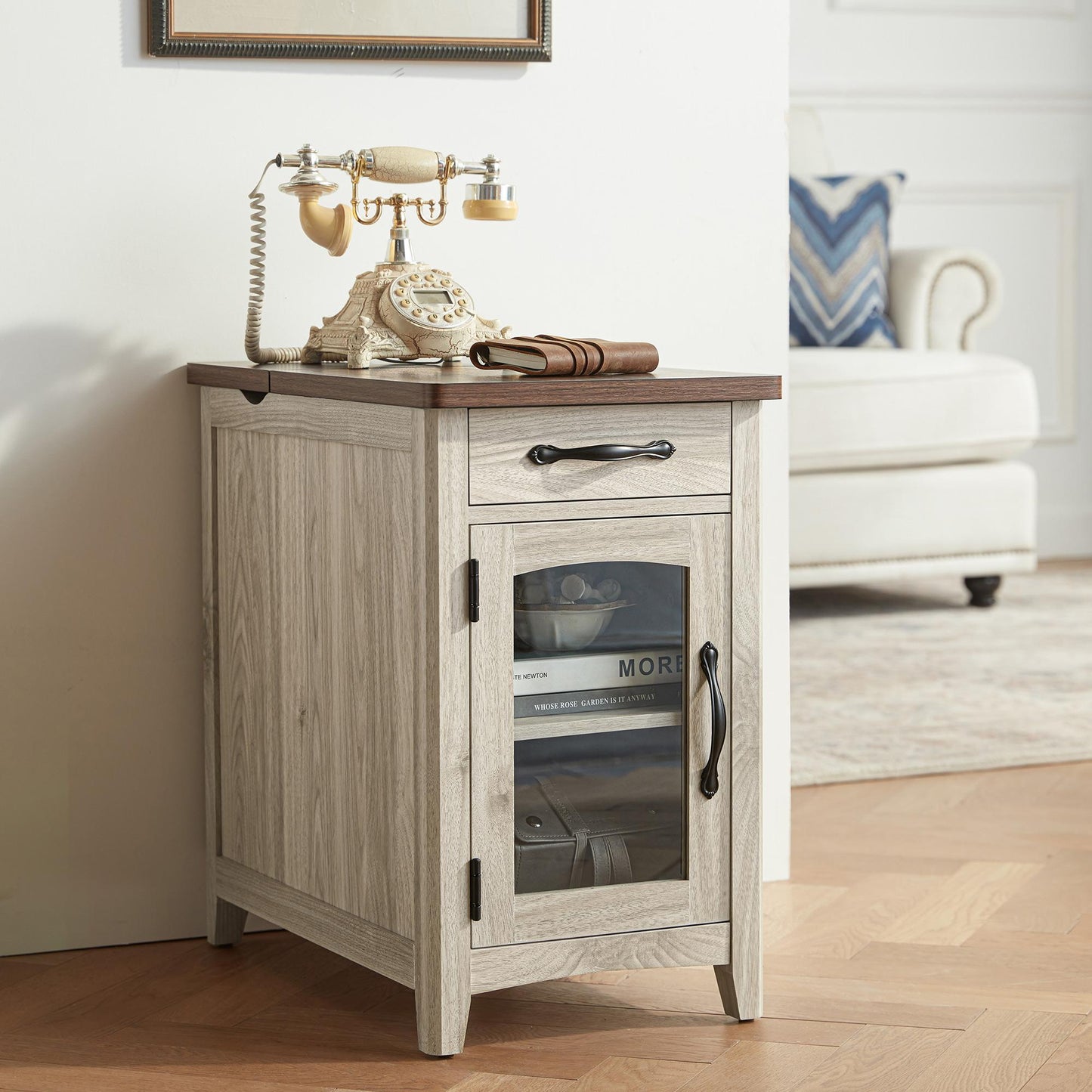 Wood End Table Nightstand with Charging Station