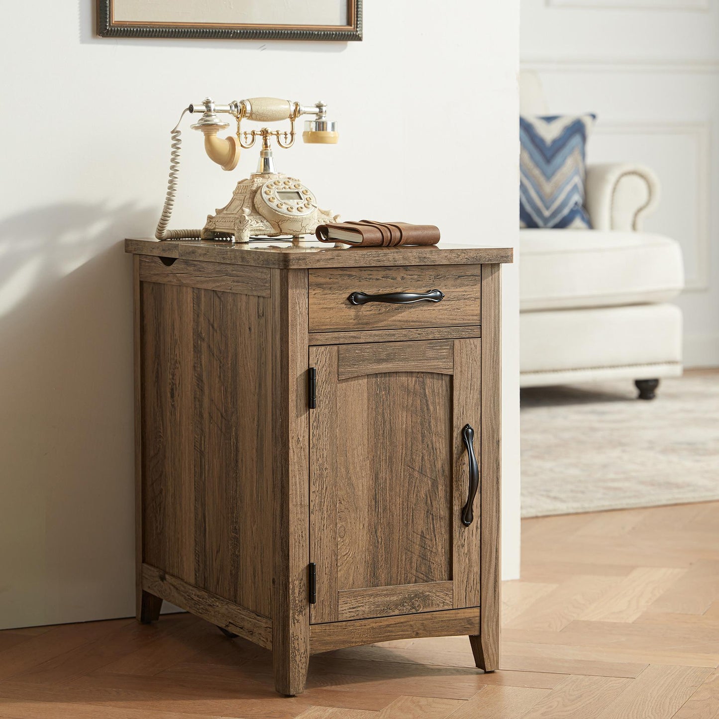 Wood End Table Nightstand with Charging Station