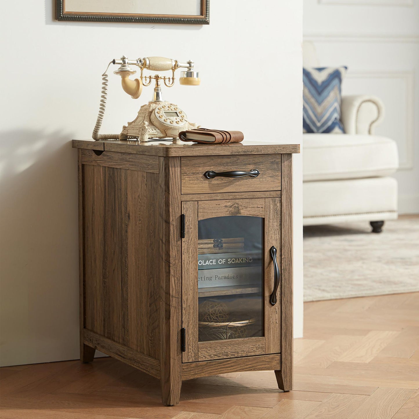 Wood End Table Nightstand with Charging Station