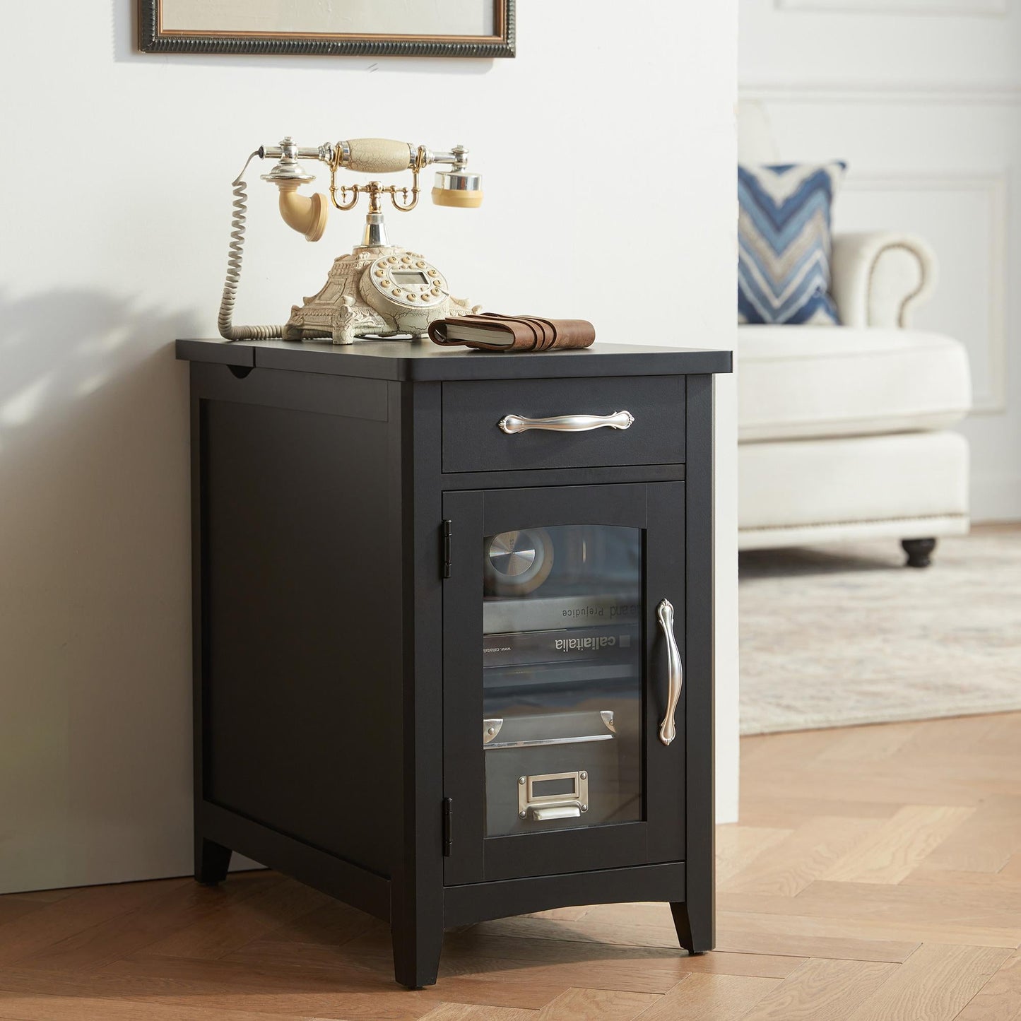 Wood End Table Nightstand with Charging Station