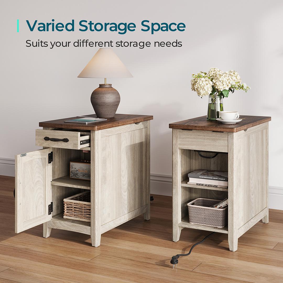 Wood End Table Nightstand with Charging Station