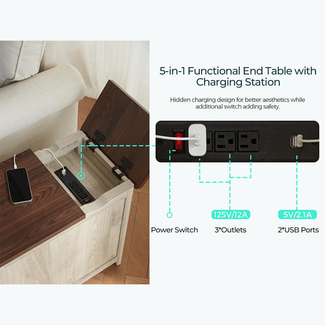 Wood End Table Nightstand with Charging Station