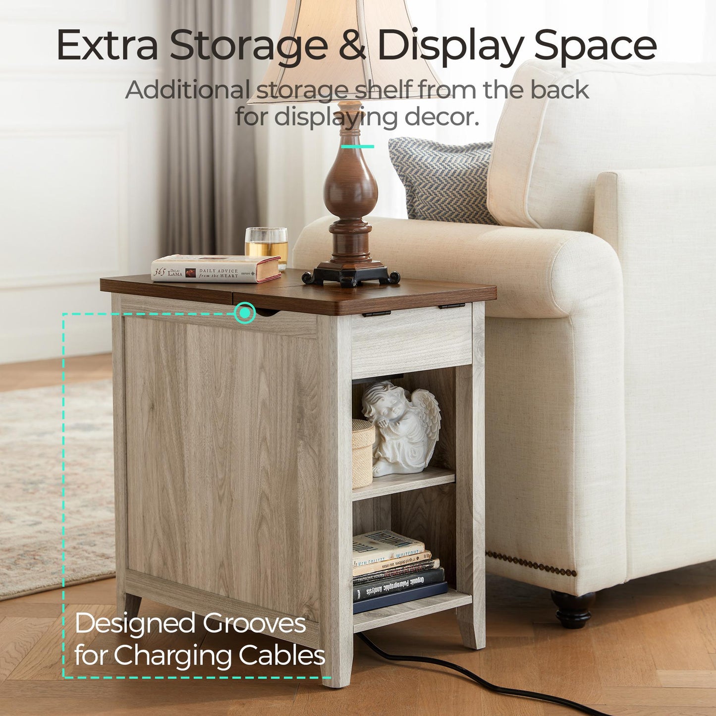 Wood End Table Nightstand with Charging Station