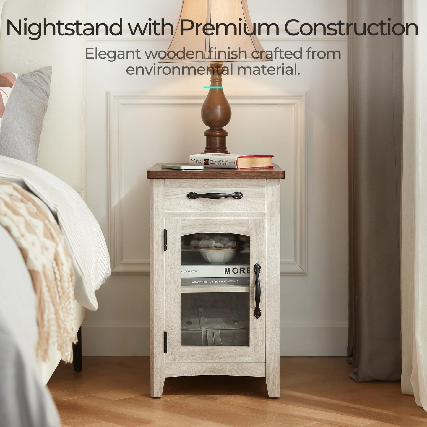 Wood End Table Nightstand with Charging Station