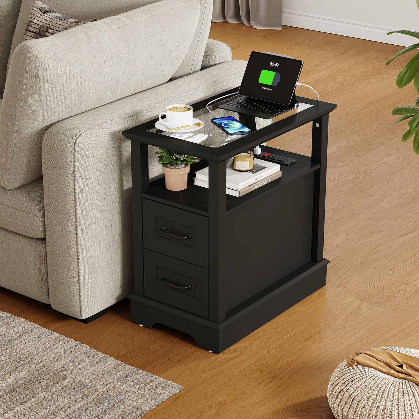 End Table with Charging Station, Storage Cabinet, and Adjustable Shelf, Modern Nightstand for Bedroom or Living Room