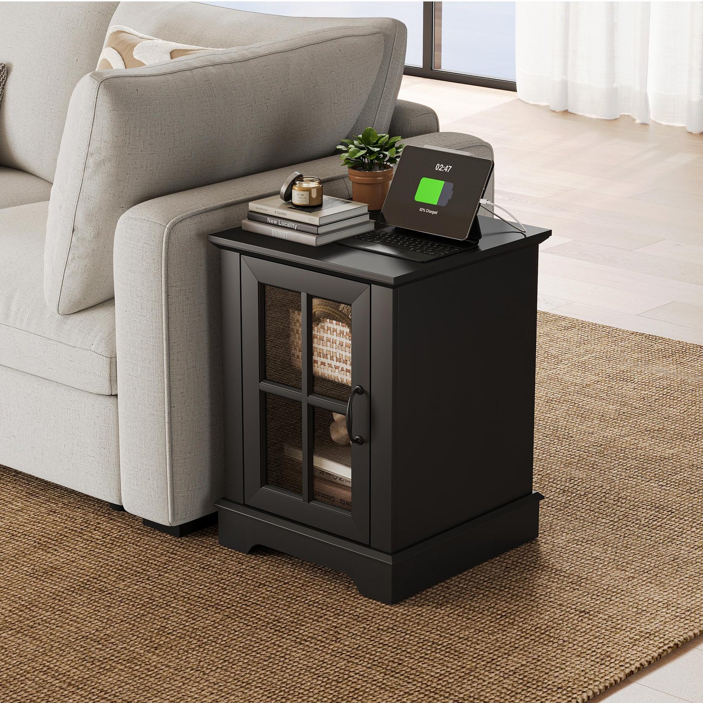 End Table with Charging Station, Storage Cabinet, and Adjustable Shelf, Modern Nightstand for Bedroom or Living Room