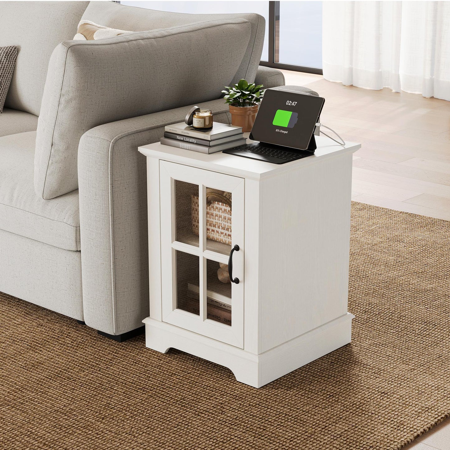 End Table with Charging Station, Storage Cabinet, and Adjustable Shelf, Modern Nightstand for Bedroom or Living Room