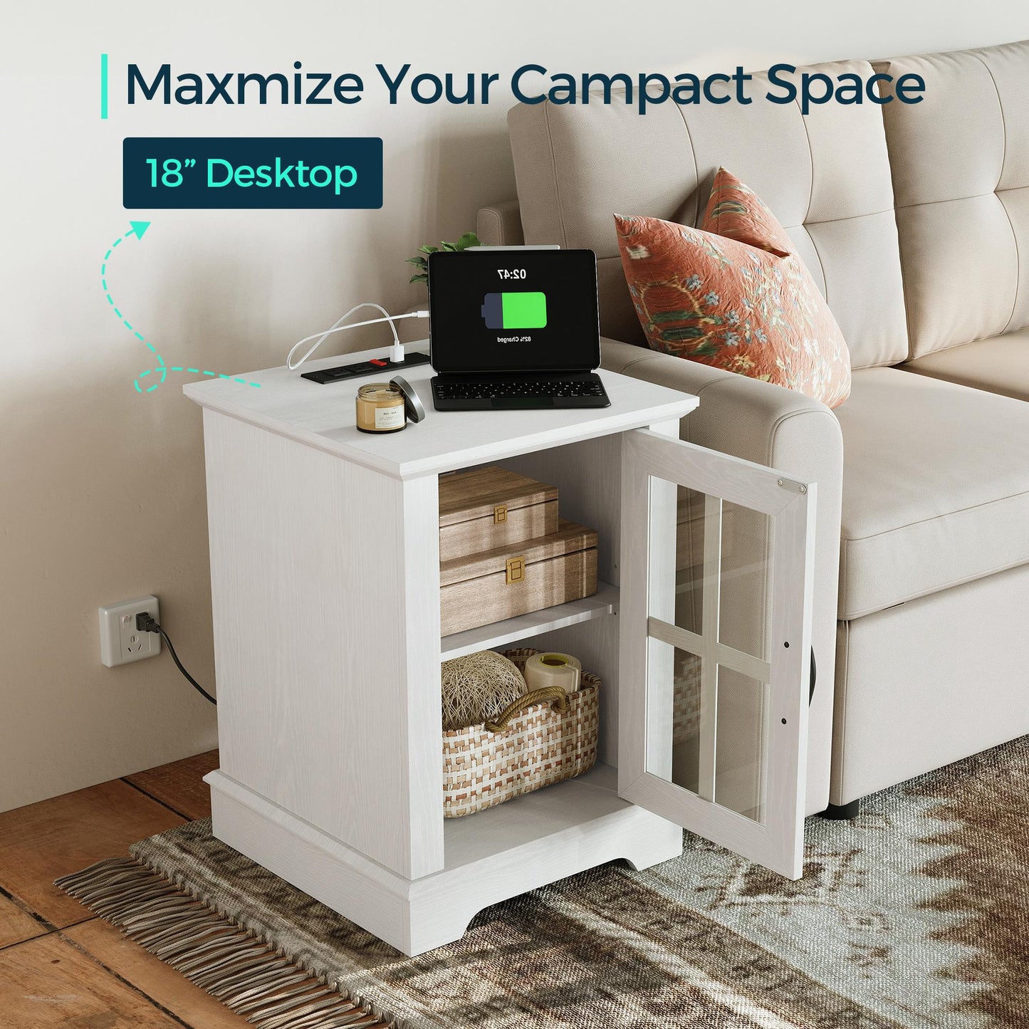End Table with Charging Station, Storage Cabinet, and Adjustable Shelf, Modern Nightstand for Bedroom or Living Room
