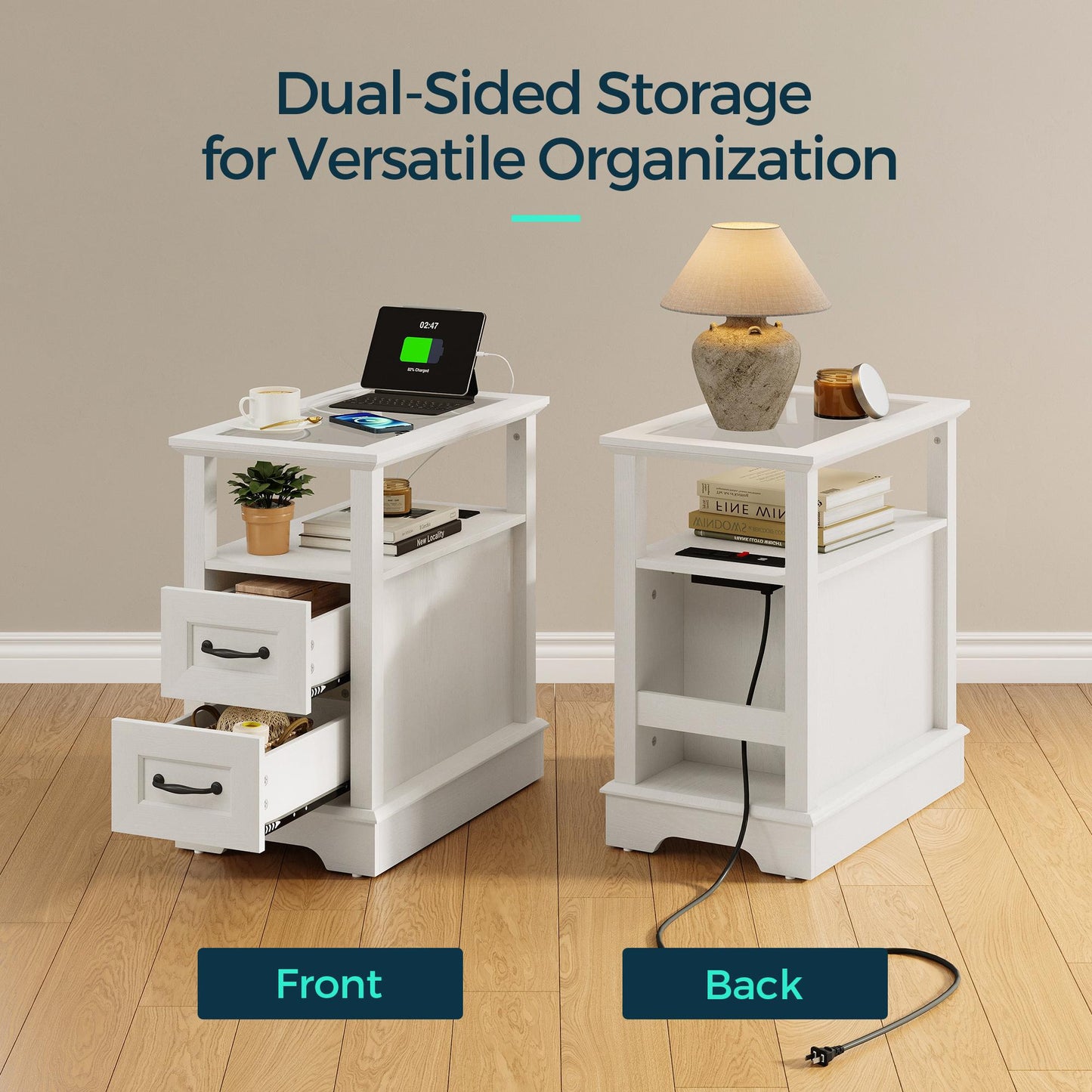 End Table with Charging Station, Storage Cabinet, and Adjustable Shelf, Modern Nightstand for Bedroom or Living Room