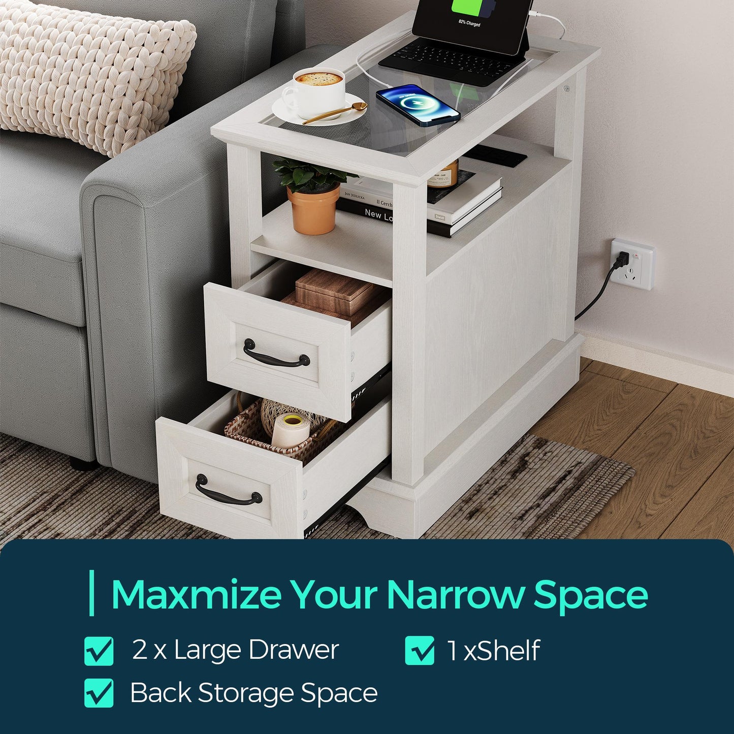 End Table with Charging Station, Storage Cabinet, and Adjustable Shelf, Modern Nightstand for Bedroom or Living Room