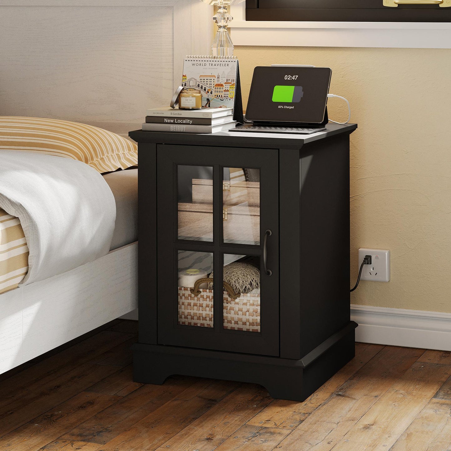 End Table with Charging Station, Storage Cabinet, and Adjustable Shelf, Modern Nightstand for Bedroom or Living Room