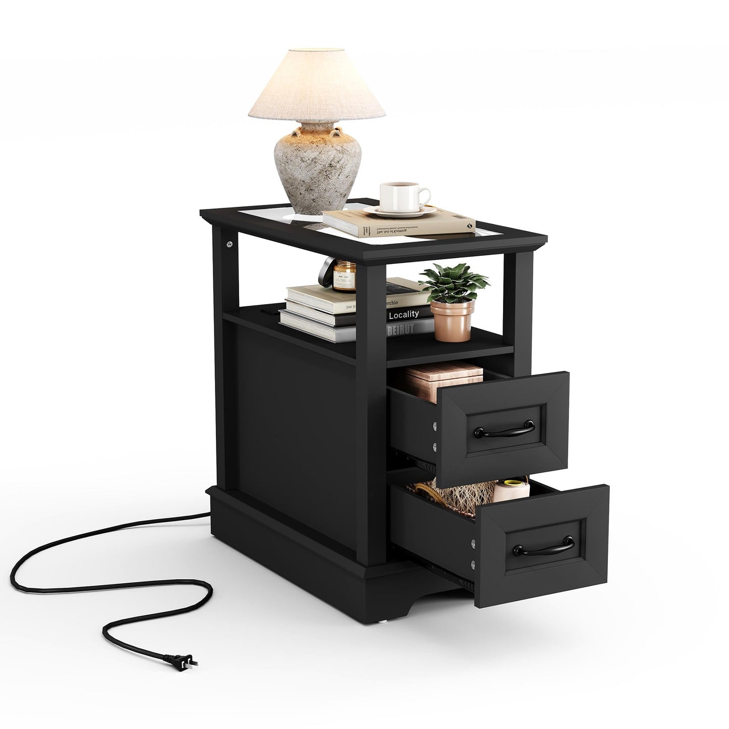 End Table with Charging Station, Storage Cabinet, and Adjustable Shelf, Modern Nightstand for Bedroom or Living Room