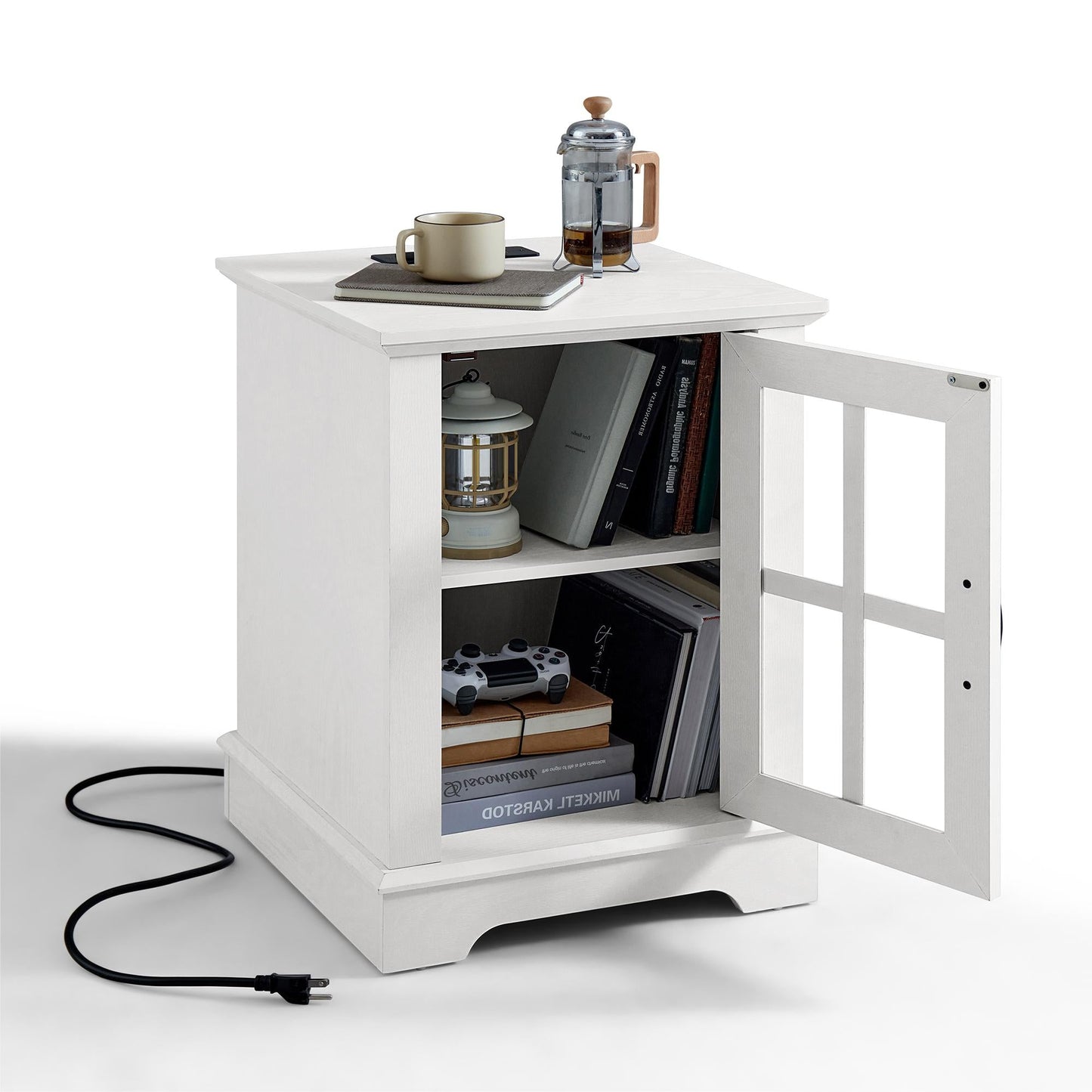 End Table with Charging Station, Storage Cabinet, and Adjustable Shelf, Modern Nightstand for Bedroom or Living Room