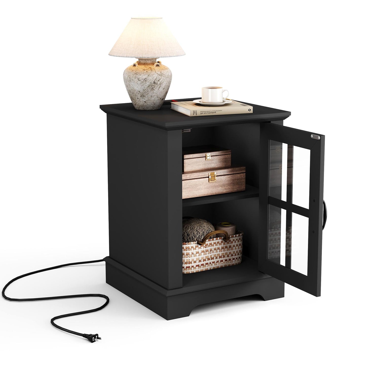 End Table with Charging Station, Storage Cabinet, and Adjustable Shelf, Modern Nightstand for Bedroom or Living Room