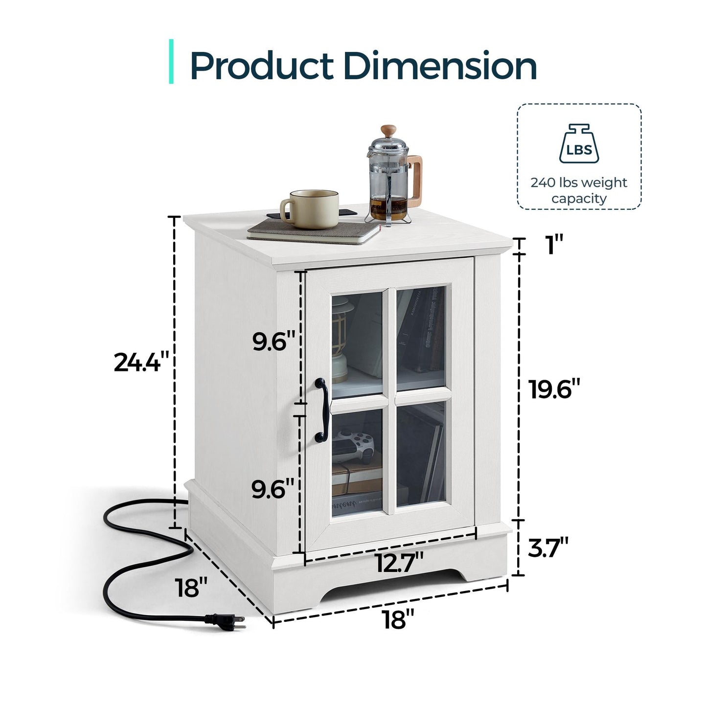 End Table with Charging Station, Storage Cabinet, and Adjustable Shelf, Modern Nightstand for Bedroom or Living Room