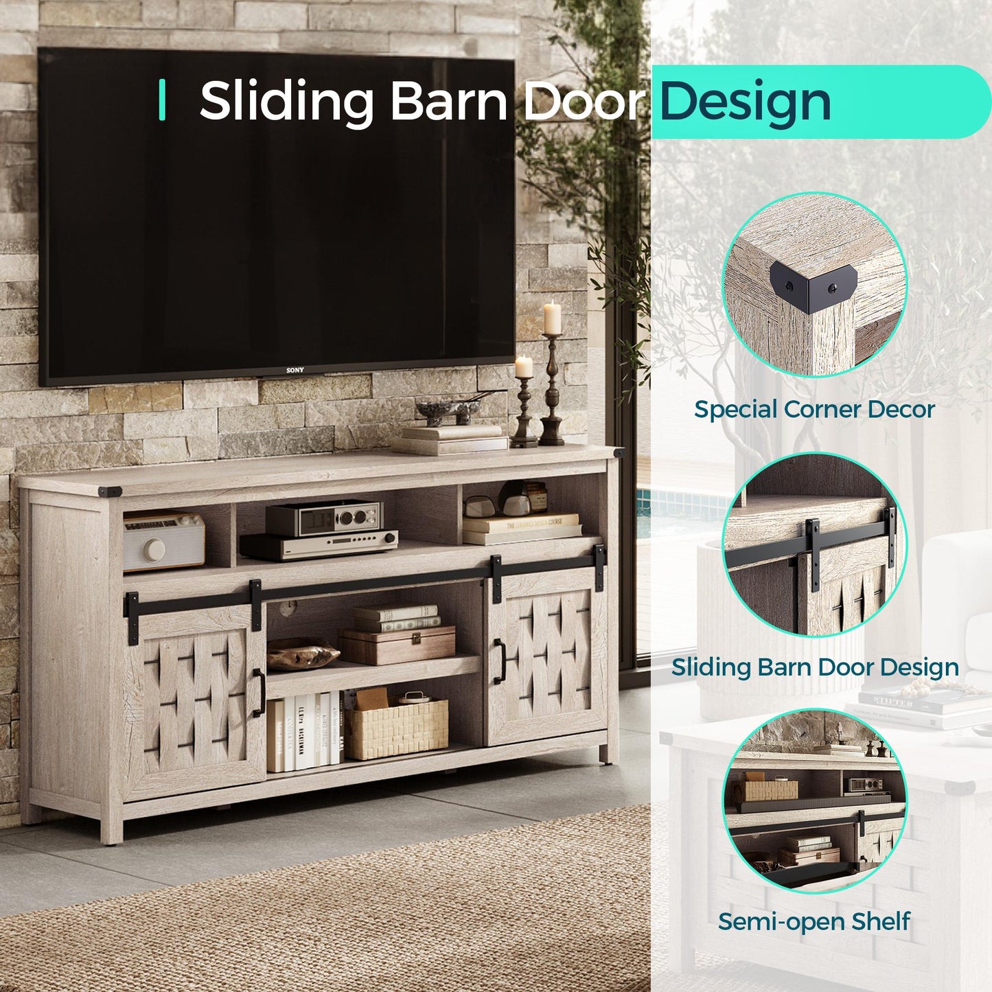 Farmhouse TV Stand for 65 inch TV, Entertainment Center with Storage Cabinets and 2 Sliding Barn Doors
