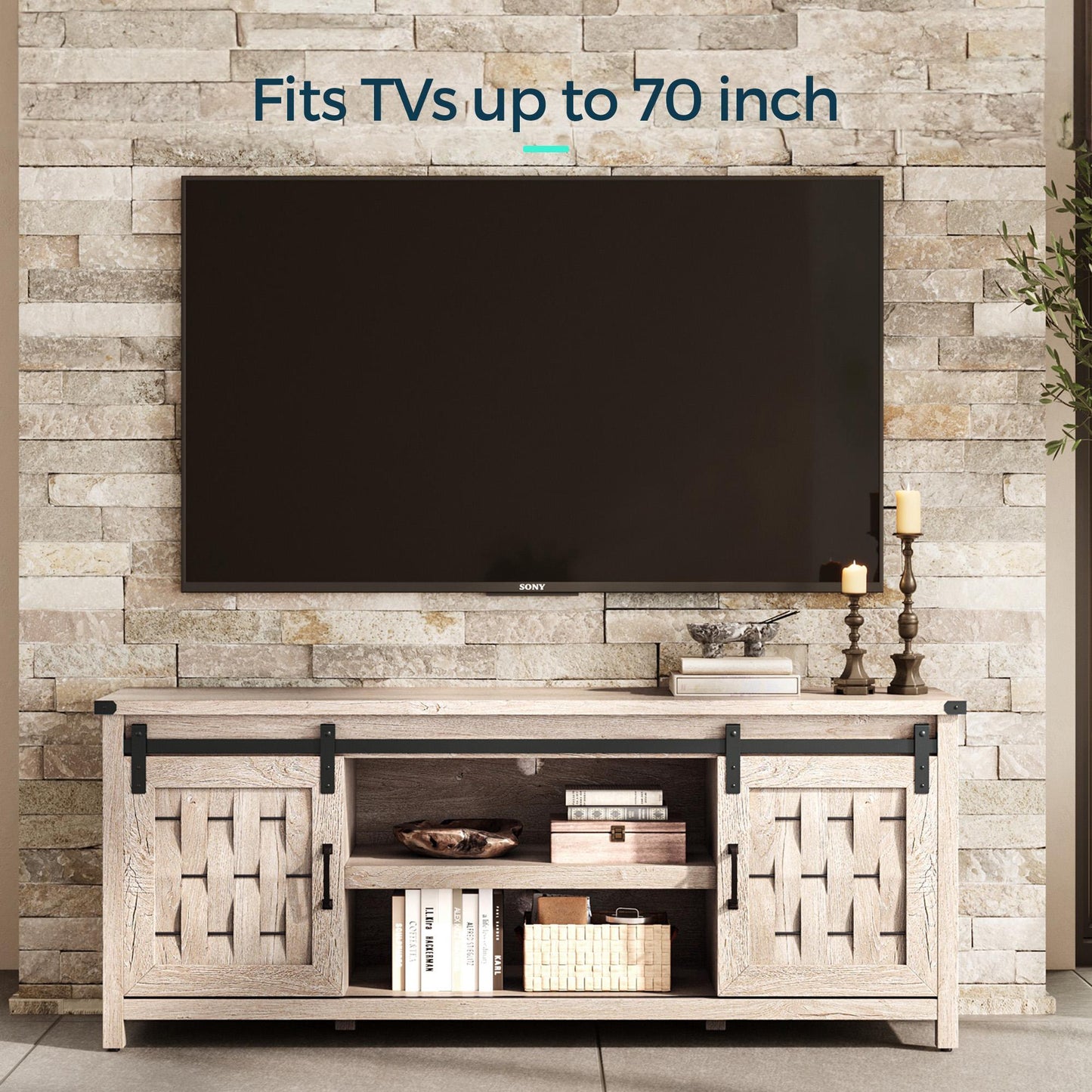 Farmhouse TV Stand for 65 inch TV, Entertainment Center with Storage Cabinets and 2 Sliding Barn Doors