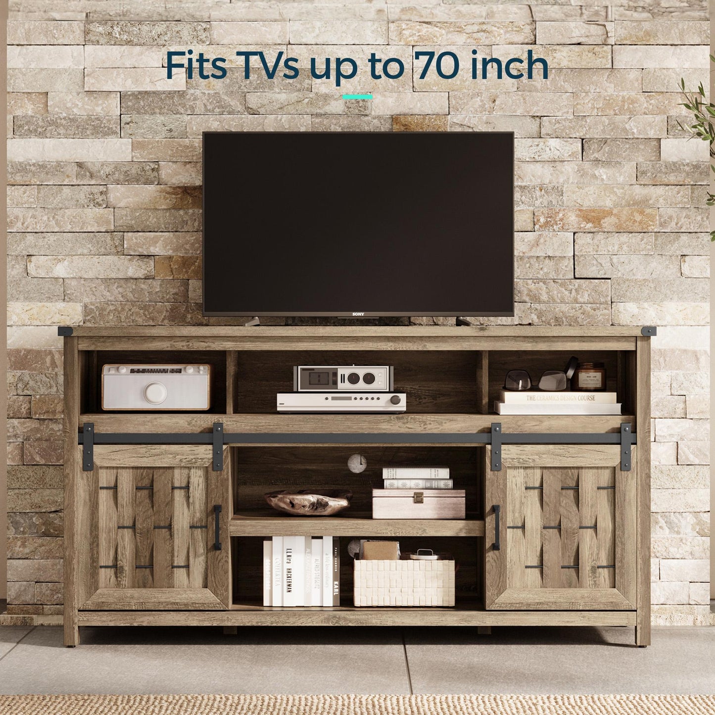 Farmhouse TV Stand for 65 inch TV, Entertainment Center with Storage Cabinets and 2 Sliding Barn Doors