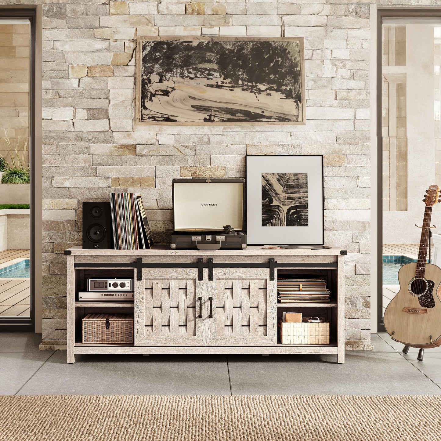 Farmhouse TV Stand for 65 inch TV, Entertainment Center with Storage Cabinets and 2 Sliding Barn Doors