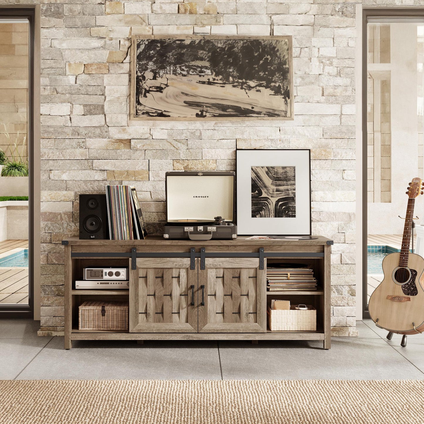 Farmhouse TV Stand for 65 inch TV, Entertainment Center with Storage Cabinets and 2 Sliding Barn Doors