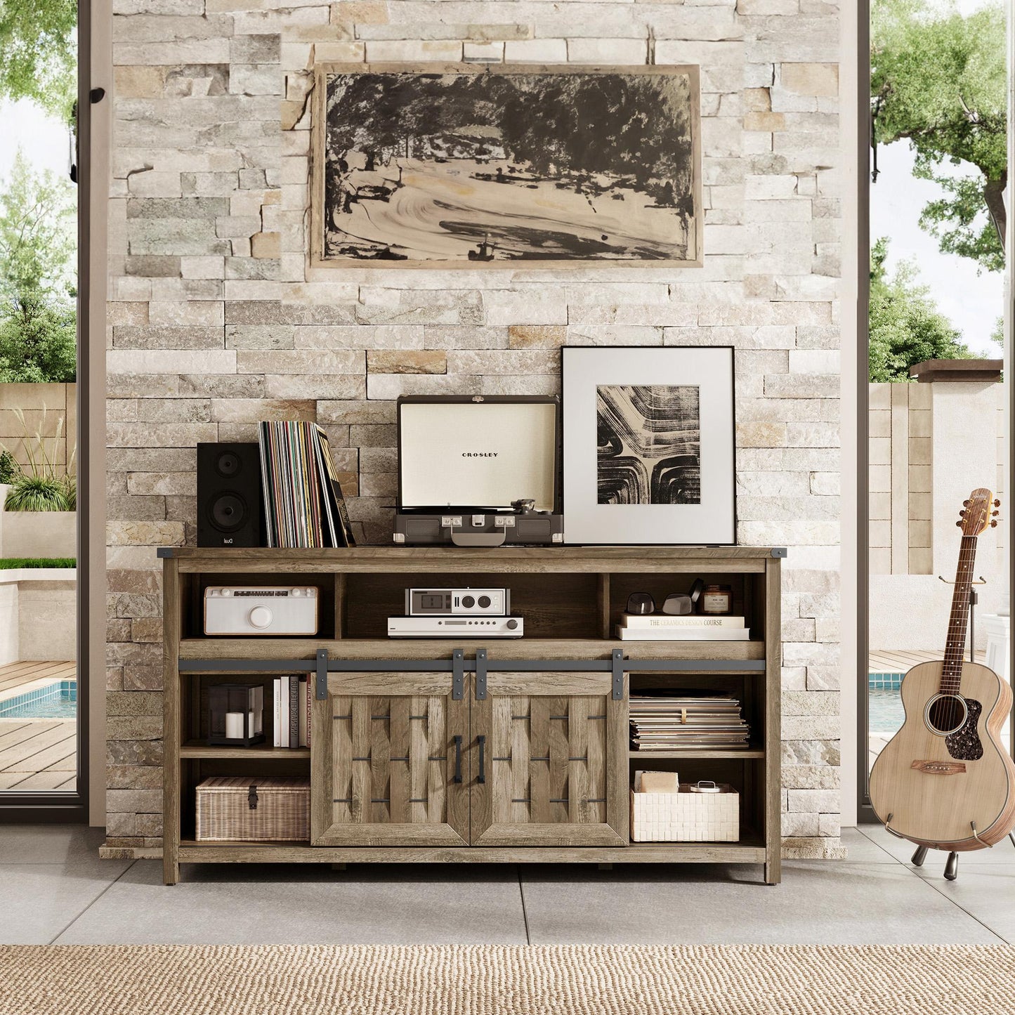 Farmhouse TV Stand for 65 inch TV, Entertainment Center with Storage Cabinets and 2 Sliding Barn Doors