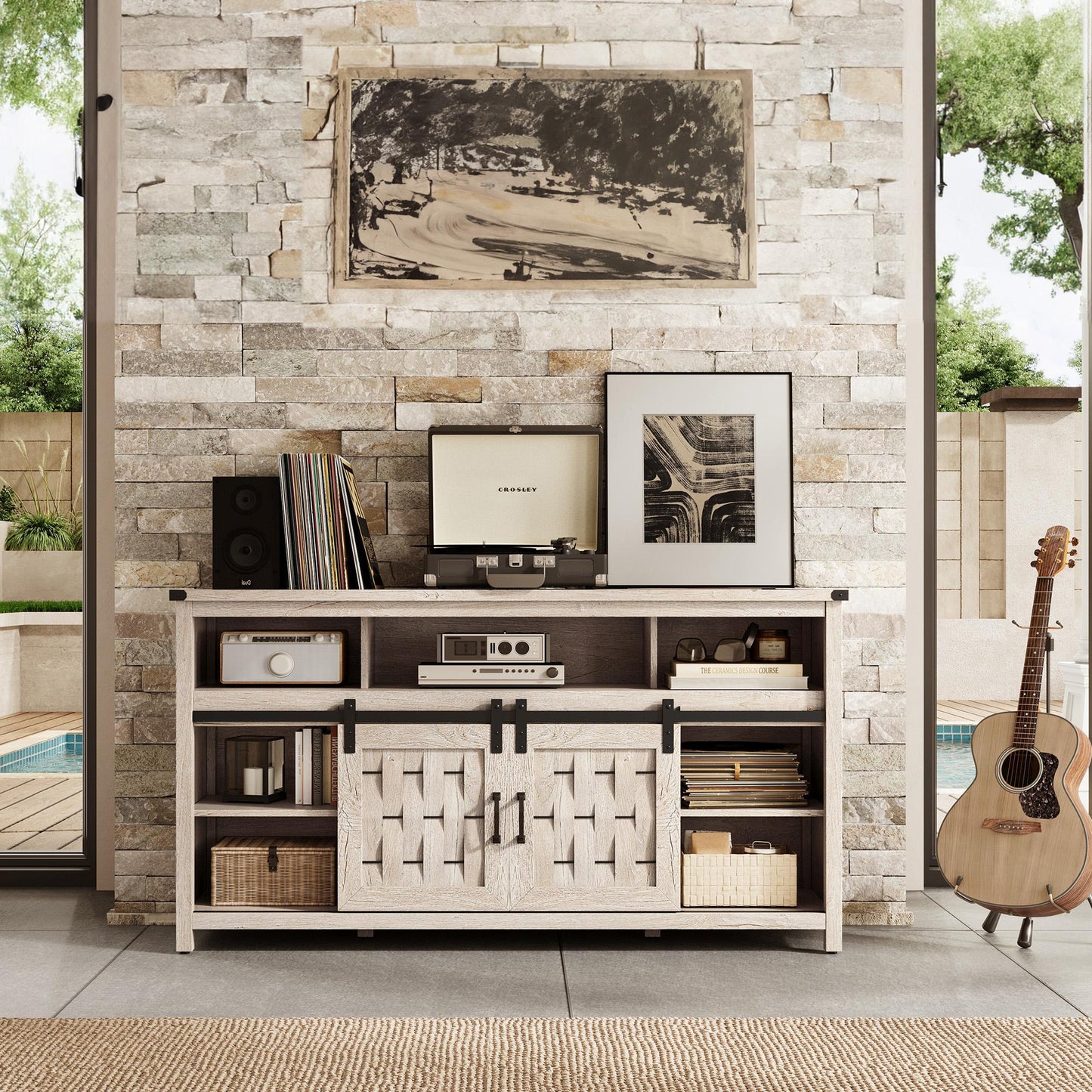 Farmhouse TV Stand for 65 inch TV, Entertainment Center with Storage Cabinets and 2 Sliding Barn Doors