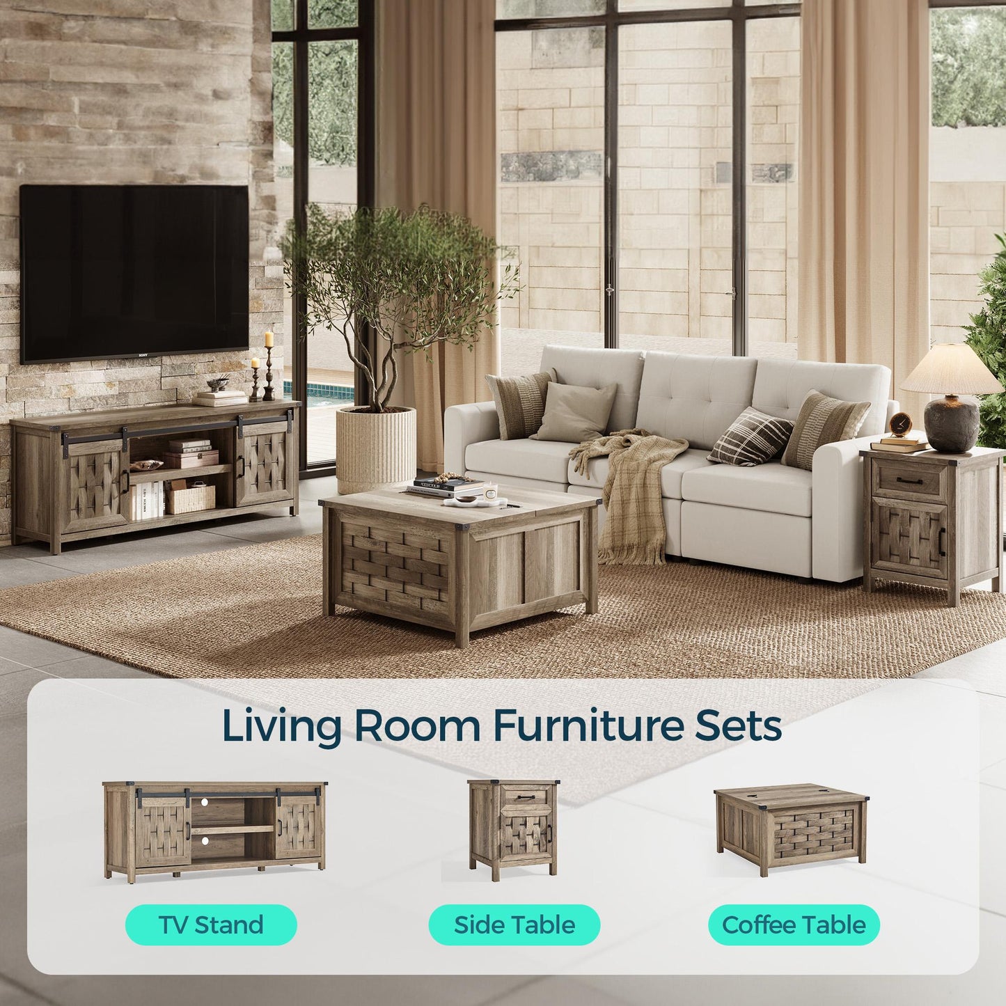 Farmhouse TV Stand for 65 inch TV, Entertainment Center with Storage Cabinets and 2 Sliding Barn Doors