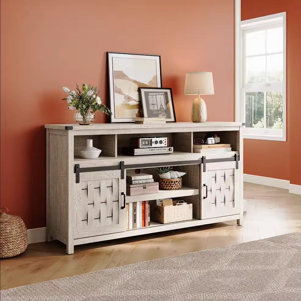 Farmhouse TV Stand for 65 inch TV, Entertainment Center with Storage Cabinets and 2 Sliding Barn Doors