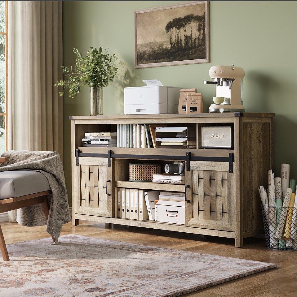 Farmhouse TV Stand for 65 inch TV, Entertainment Center with Storage Cabinets and 2 Sliding Barn Doors