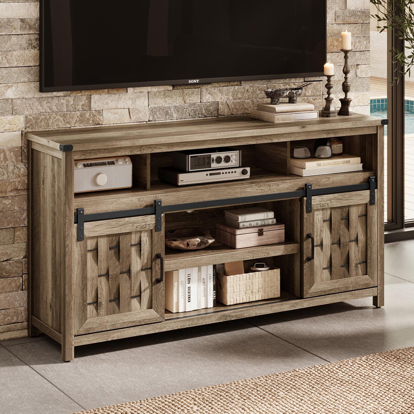 Farmhouse TV Stand for 65 inch TV, Entertainment Center with Storage Cabinets and 2 Sliding Barn Doors