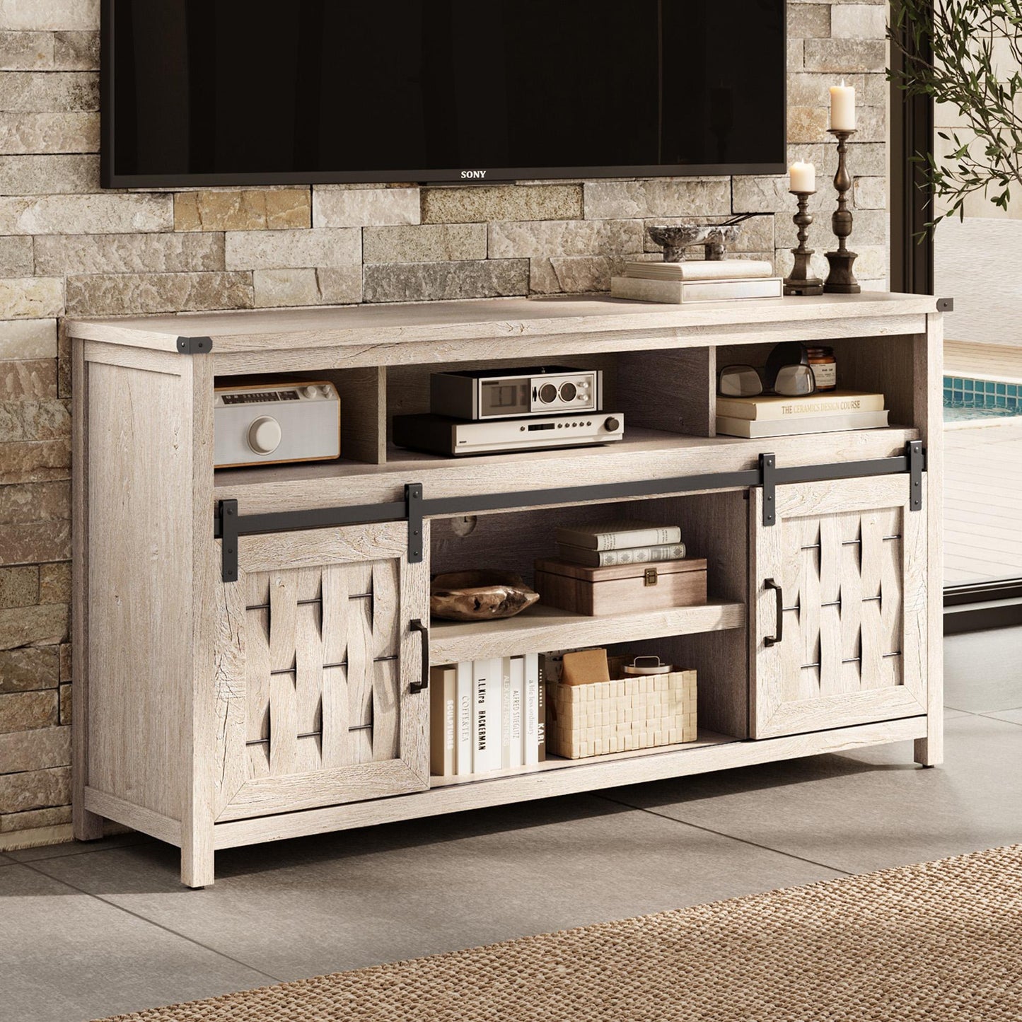 Farmhouse TV Stand for 65 inch TV, Entertainment Center with Storage Cabinets and 2 Sliding Barn Doors