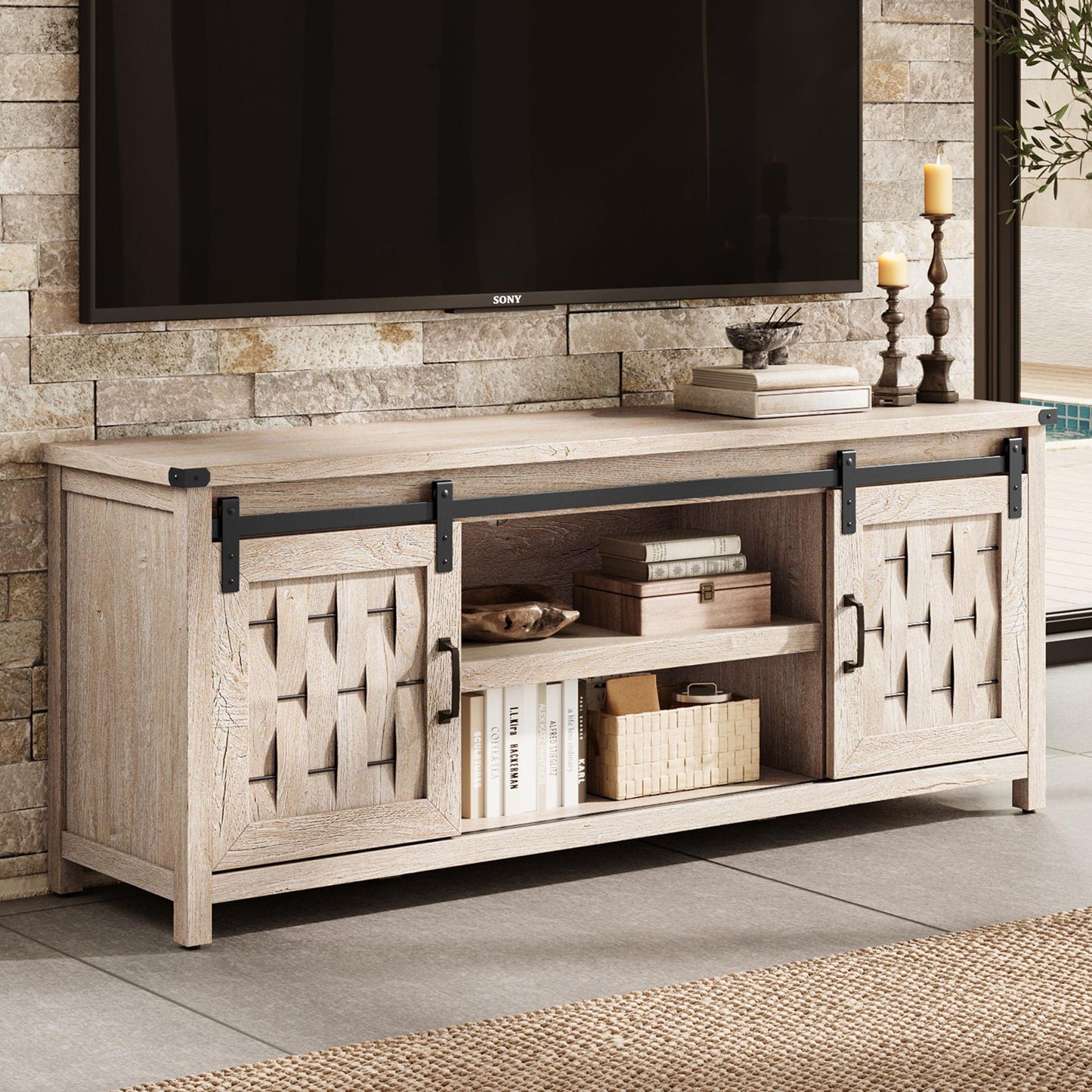 Farmhouse TV Stand for 65 inch TV, Entertainment Center with Storage Cabinets and 2 Sliding Barn Doors