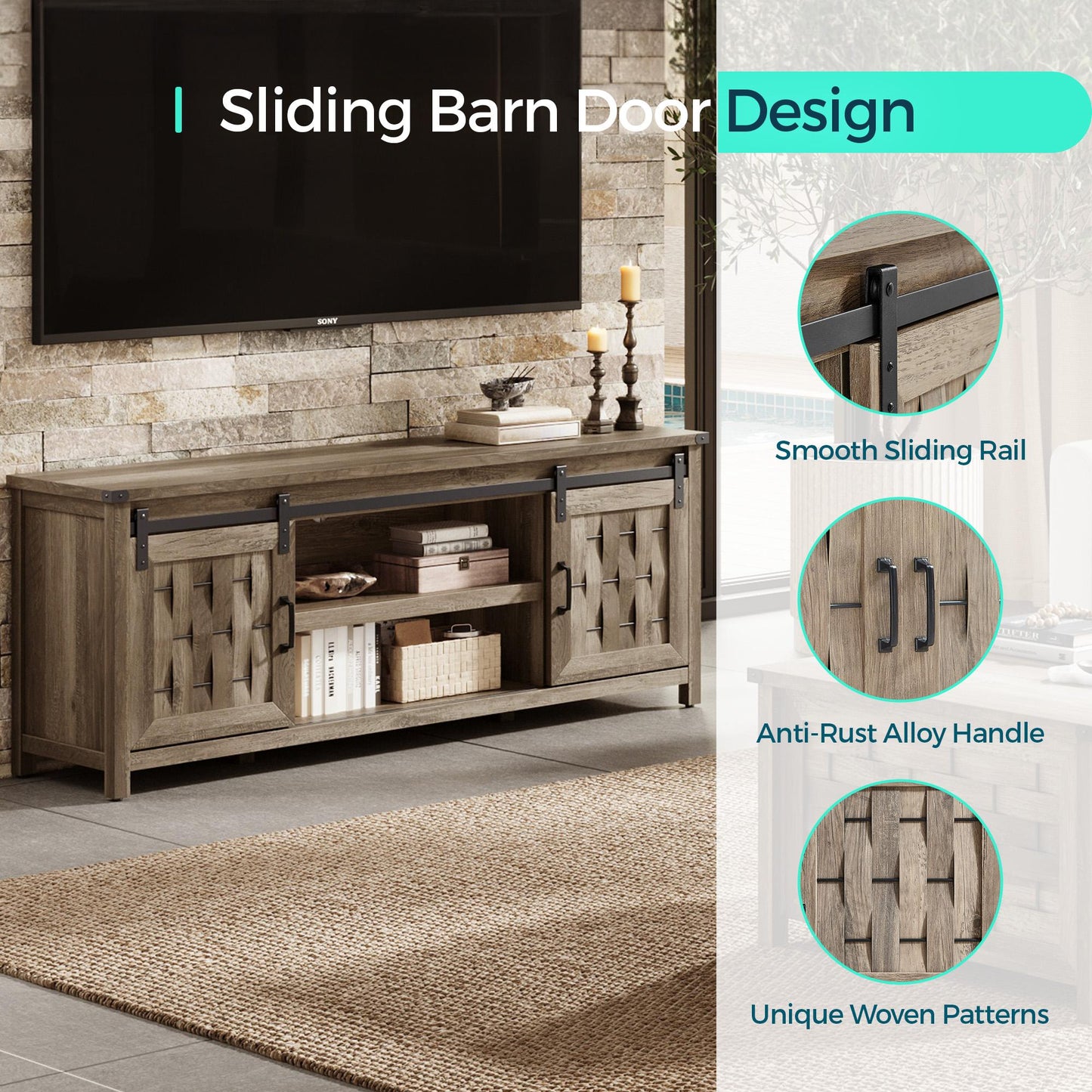 Farmhouse TV Stand for 65 inch TV, Entertainment Center with Storage Cabinets and 2 Sliding Barn Doors