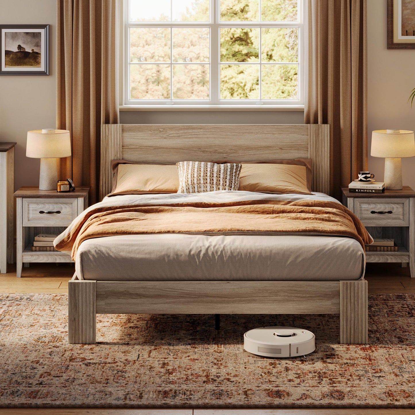 Farmhouse Wood Bed Frame with Headboard, Easy Assembly, Noise-Free, No Box Spring Required