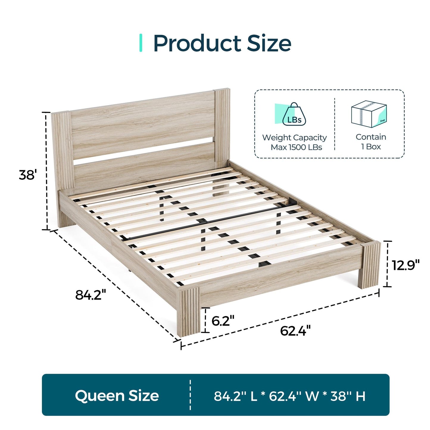 Farmhouse Wood Bed Frame with Headboard, Easy Assembly, Noise-Free, No Box Spring Required