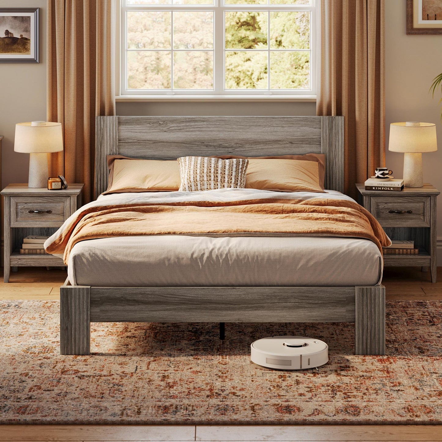 Farmhouse Wood Bed Frame with Headboard, Easy Assembly, Noise-Free, No Box Spring Required