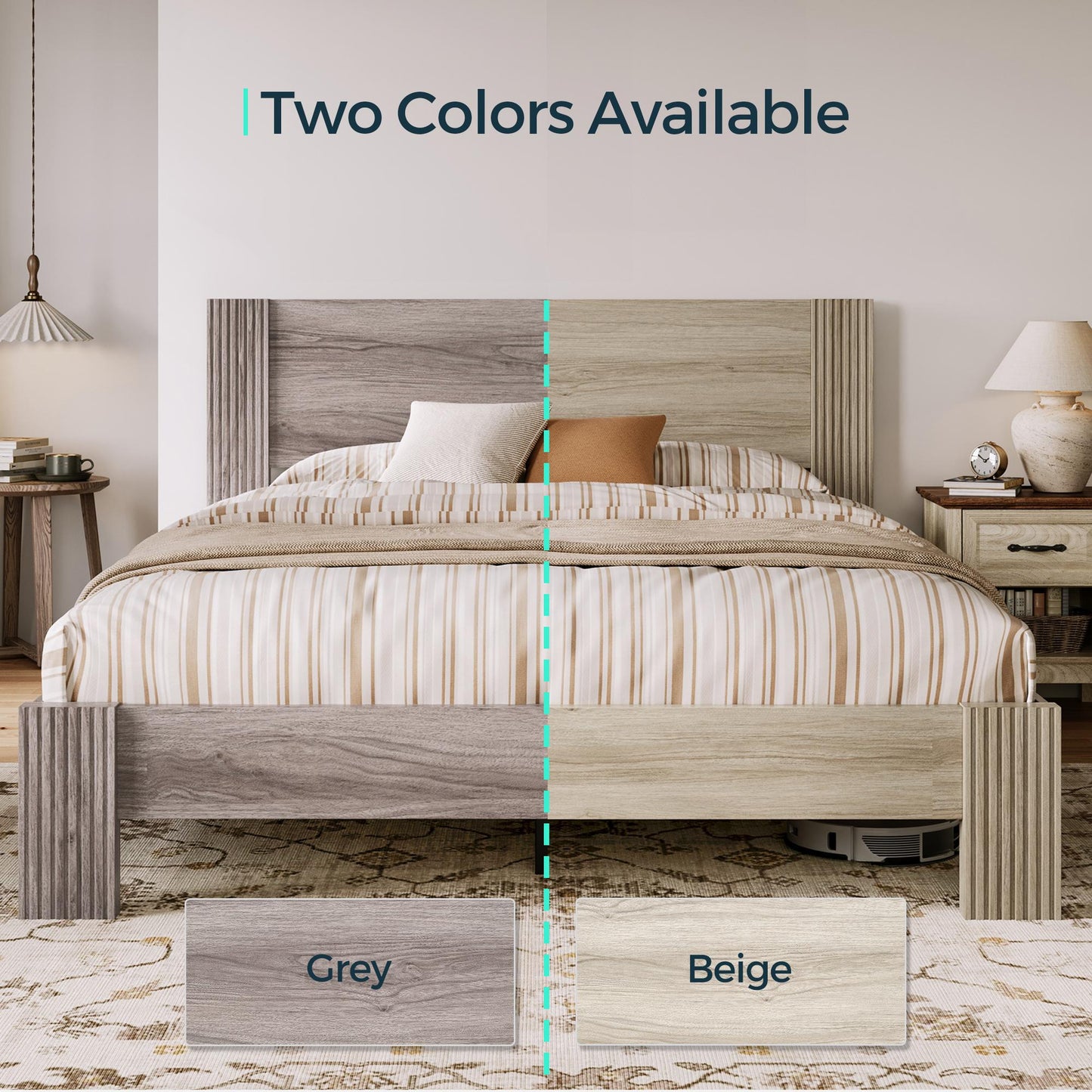 Farmhouse Wood Bed Frame with Headboard, Easy Assembly, Noise-Free, No Box Spring Required