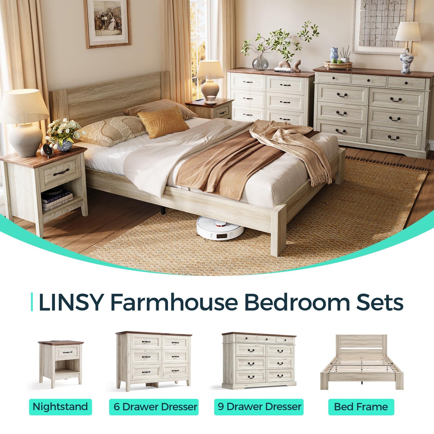 Farmhouse Wood Bed Frame with Headboard, Easy Assembly, Noise-Free, No Box Spring Required
