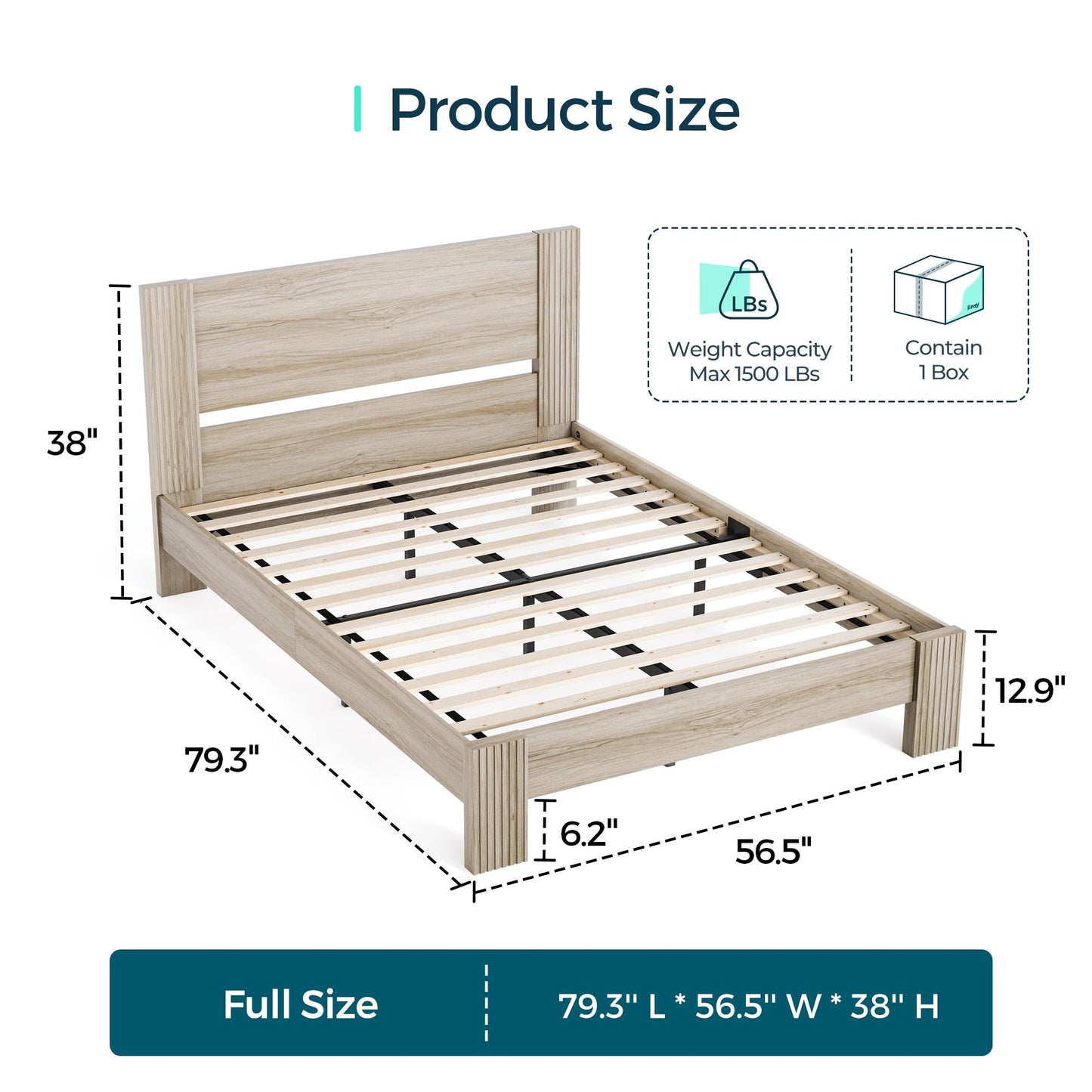 Farmhouse Wood Bed Frame with Headboard, Easy Assembly, Noise-Free, No Box Spring Required
