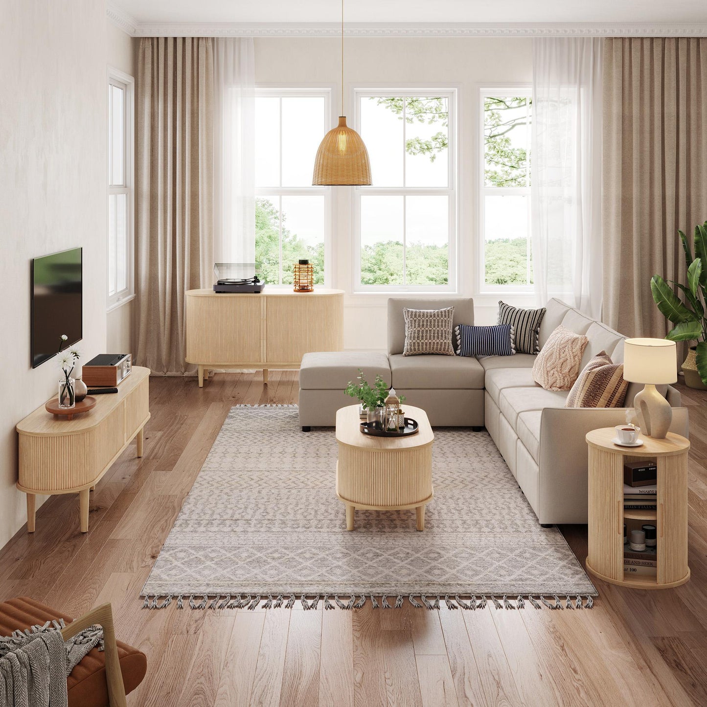 Fluted Coffee Table with Storage, Mid-Century Coffee Table for Living Room with Sliding Tambour Door