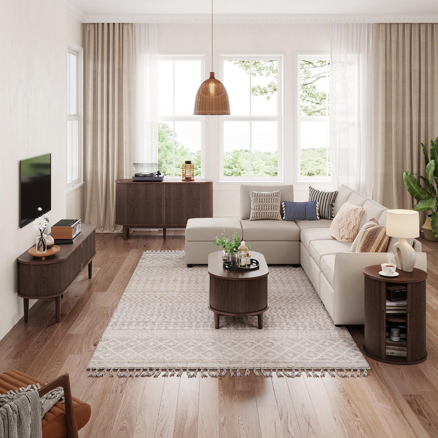 Fluted Coffee Table with Storage, Mid-Century Coffee Table for Living Room with Sliding Tambour Door