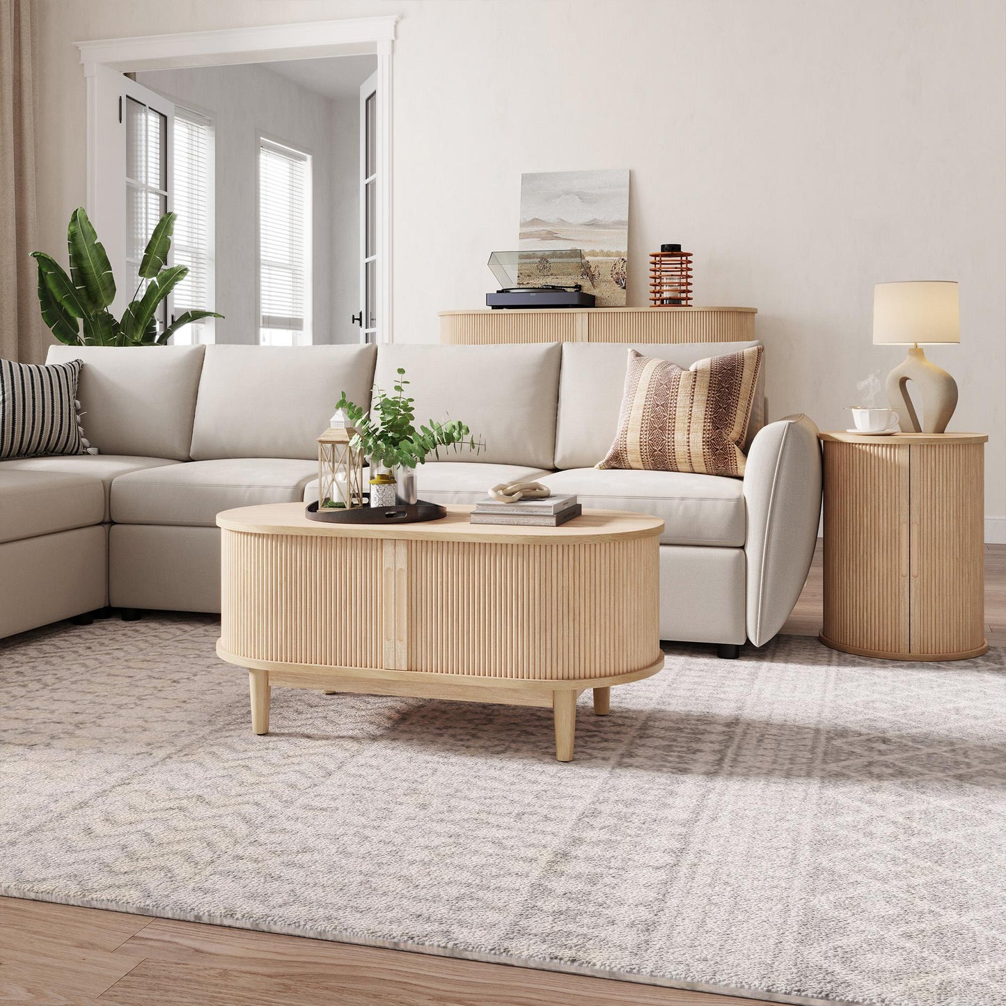 Fluted Coffee Table with Storage, Mid-Century Coffee Table for Living Room with Sliding Tambour Door