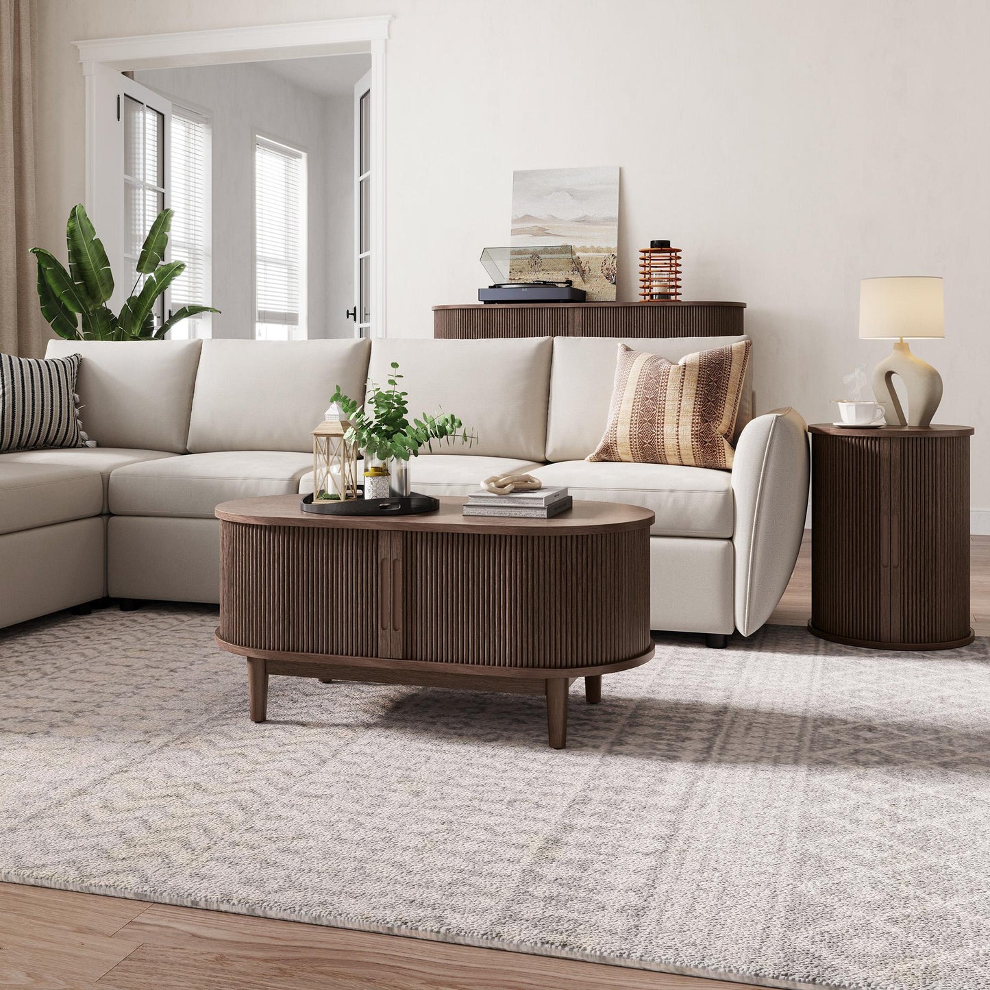 Fluted Coffee Table with Storage, Mid-Century Coffee Table for Living Room with Sliding Tambour Door