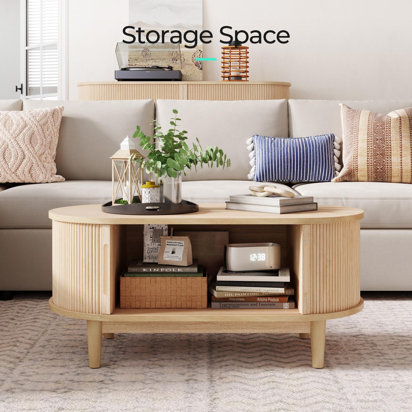 Fluted Coffee Table with Storage, Mid-Century Coffee Table for Living Room with Sliding Tambour Door